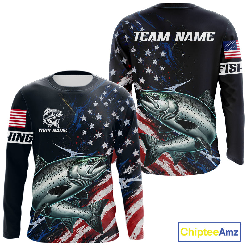 Chinook Salmon Long Sleeve Fishing Shirt USA Flag Camo, Custom