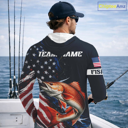 Redfish Fishing Shirts Long Sleeve Hooded American USA Flag Camo, Fishing Jersey For Men NHT962
