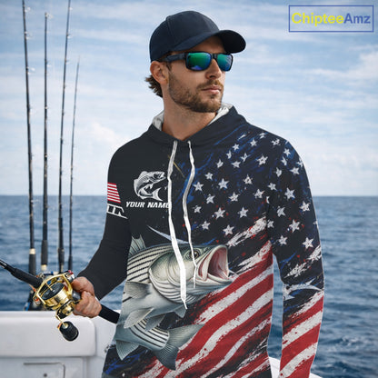 Striped Bass Fishing Shirts Long Sleeve Hooded American USA Flag Camo, Fishing Jersey For Men NHT963