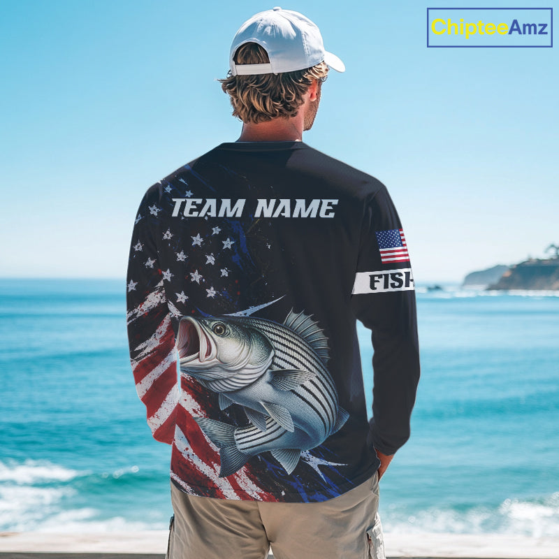 Striped Bass Fishing Shirts Long Sleeve American USA Flag Camo, Fishing Jersey For Men NHT963