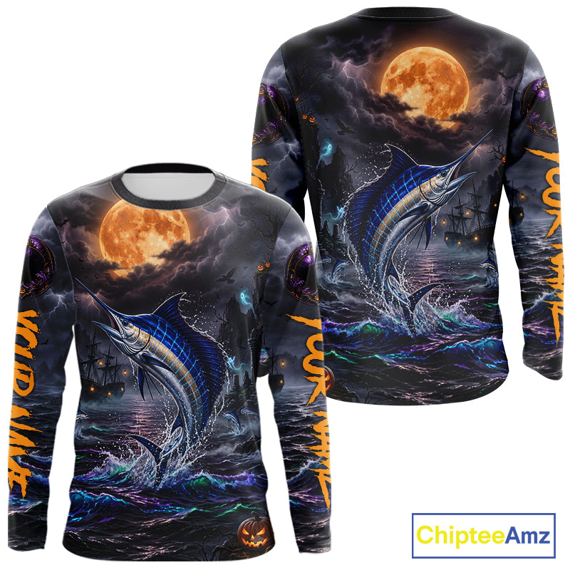 A long-sleeve crewneck shirt shown from both front and back, featuring an all-over Halloween-themed print with a jumping marlin, full moon, dark stormy sky, ships, and orange 'Halloween' text down the sleeves.
