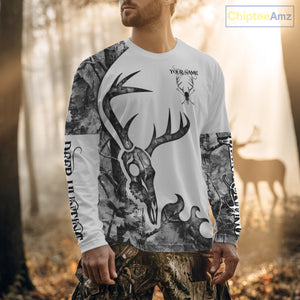 Deer Hunting Shirt Best 3D All Over Print Skull Deer Personalized Name Gray Camo NHT62