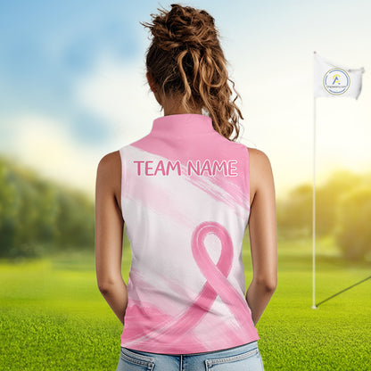 Custom Women's Sleeveless Golf Polo Shirt - Breast Cancer Awareness Pink Ribbon Performance Jersey
