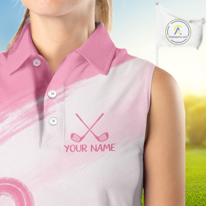 Custom Women's Sleeveless Golf Polo Shirt - Breast Cancer Awareness Pink Ribbon Performance Jersey