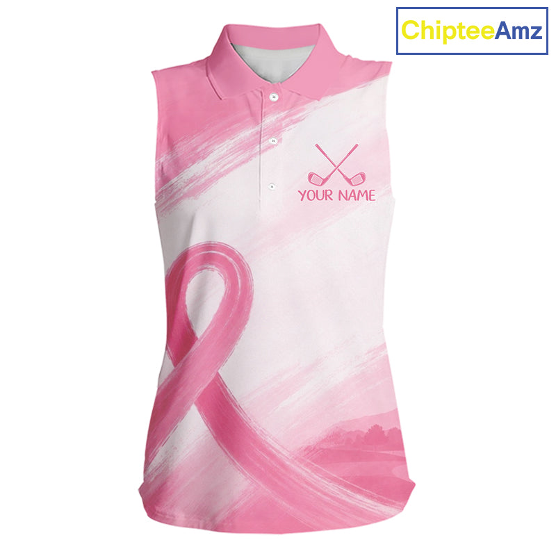 Custom Women's Sleeveless Golf Polo Shirt - Breast Cancer Awareness Pink Ribbon Performance Jersey NHT976 - Women's Sleeve...