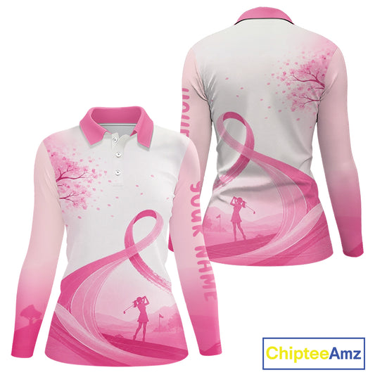 Breast Cancer Awareness Pink Ribbon Golf Polo & Cherry Blossom Personalized Name Lady Golfer