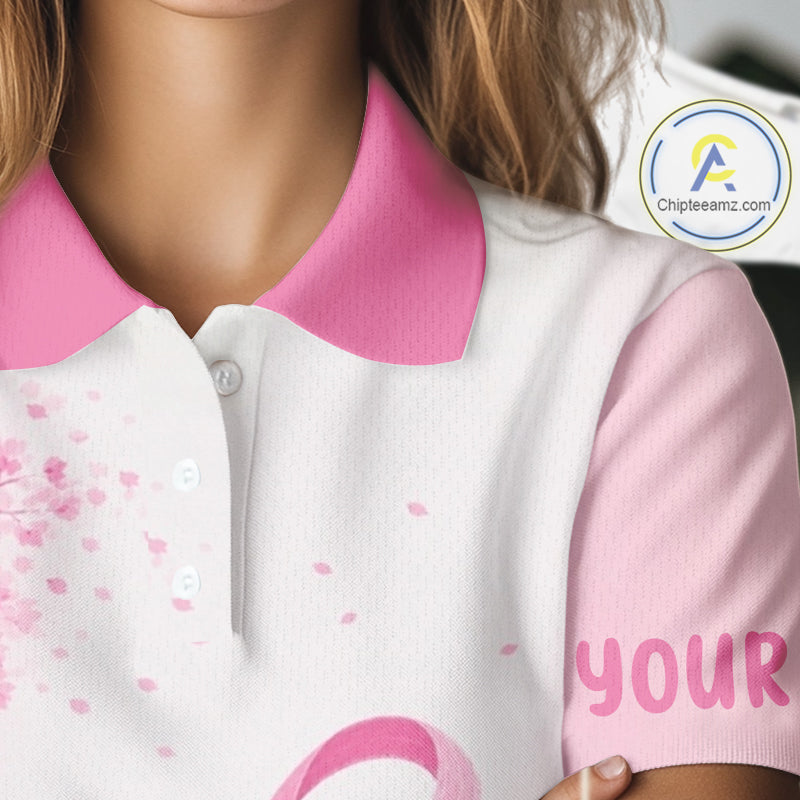 Breast Cancer Awareness Pink Ribbon Golf Polo & Cherry Blossom Personalized Name Lady Golfer