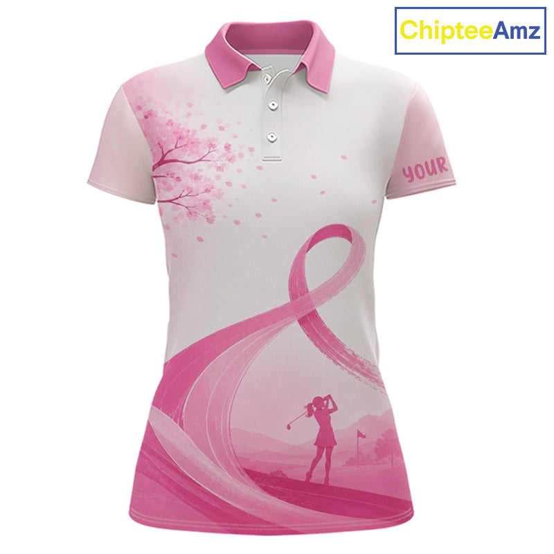 Breast Cancer Awareness Pink Ribbon Golf Polo & Cherry Blossom Personalized Name Lady Golfer  NHT977 - Women's Short Sleev...