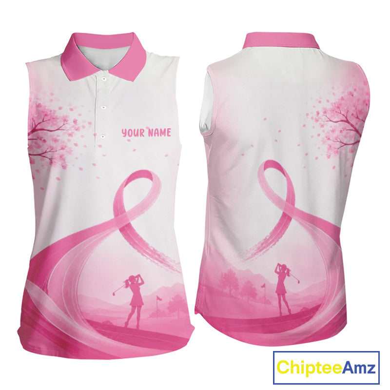 Breast Cancer Awareness Pink Ribbon Women's Sleeveless Golf Polo & Cherry Blossom Personalized Name Lady Golfer