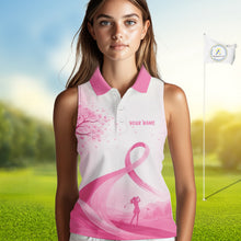 Load image into Gallery viewer, Breast Cancer Awareness Pink Ribbon Women's Sleeveless Golf Polo &amp; Cherry Blossom Personalized Name Lady Golfer