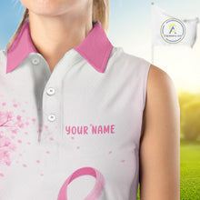 Load image into Gallery viewer, Breast Cancer Awareness Pink Ribbon Women's Sleeveless Golf Polo &amp; Cherry Blossom Personalized Name Lady Golfer