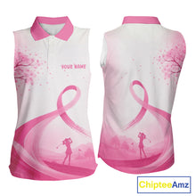 Load image into Gallery viewer, Breast Cancer Awareness Pink Ribbon Women's Sleeveless Golf Polo &amp; Cherry Blossom Personalized Name Lady Golfer