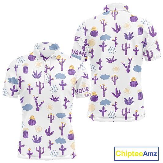 White polo shirt with purple cactus pattern on a white background