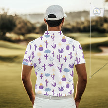 Load image into Gallery viewer, White shirt with purple cactus pattern worn by a person