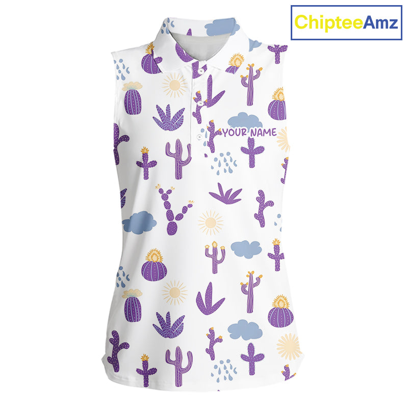 Custom Purple Cactus Women's Sleeveless Golf Polo Shirt - Personalized Desert Pattern Performance Golf Jersey NHT980 - Wom...