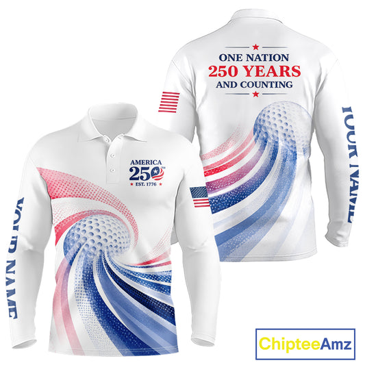 White long-sleeve polo shirt with red, white, and blue design celebrating America's 250th anniversary.