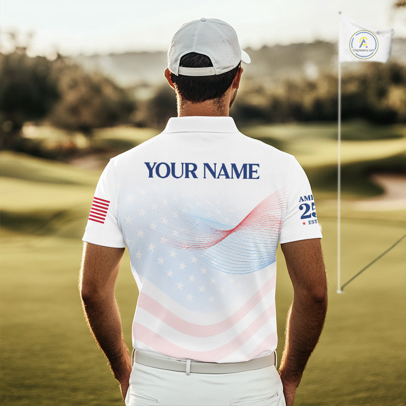 Man on a golf course wearing a white polo shirt with 'Your Name' printed on the back.