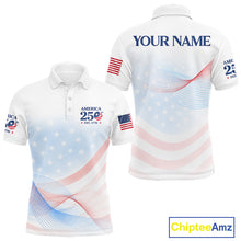 Load image into Gallery viewer, White polo shirt with American flag design and 'Your Name' text on a white background