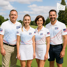 Load image into Gallery viewer, Four people in matching golf outfits on a golf course with a flag in the background.