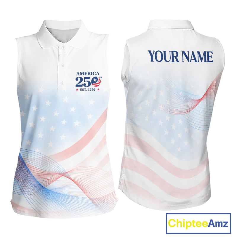 Personalized America 250 Years Shirt Custom Name Patriotic USA Stars Women's Sleeveless Polo Golf Shirt