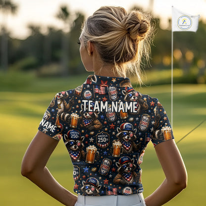 Personalized Women's Patriotic Raccoon Shirt Custom Name USA Flag Polo Funny Beer & Golf Lover Gift NHT985