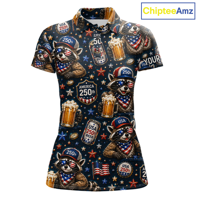 Personalized Women's Patriotic Raccoon Shirt Custom Name USA 250 Years Polo Funny Beer & Golf Lover Gift NHT985 - Women's ...