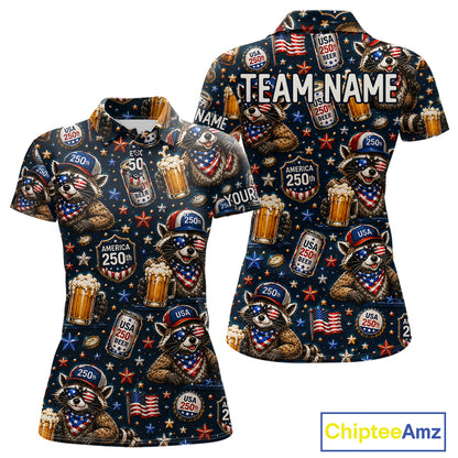 Personalized Women's Patriotic Raccoon Shirt Custom Name USA 250 Years Polo Funny Beer & Golf Lover Gift