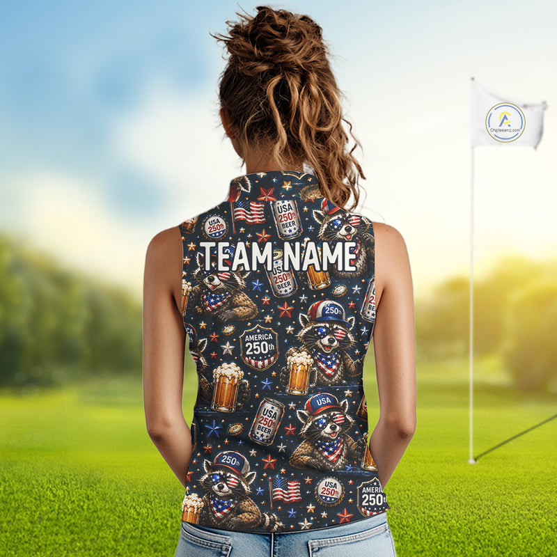 Personalized Patriotic Raccoon Shirt Custom Name USA 250 Years Women's Sleeveless Polo Funny Beer & Golf Lover Gift