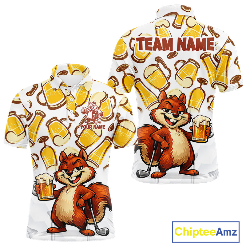 Custom Funny Squirrel Men's Golf Polo Shirts - Personalized Beer Lover Performance Jersey