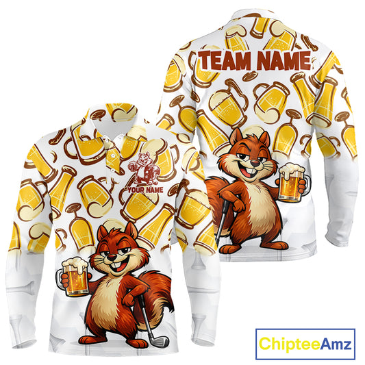 Custom Funny Squirrel Men's Golf Polo Shirts - Personalized Beer Lover Performance Jersey