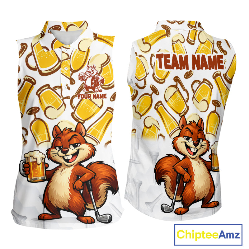 Custom Funny Squirrel Women's Sleeveless Golf Polo Shirts - Personalized Beer Lover Performance Jersey