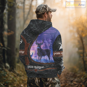 Custom 3D Whitetail Deer Hunting Shirt With Night Forest Scene, Camo Pattern And Skull Design NHT76