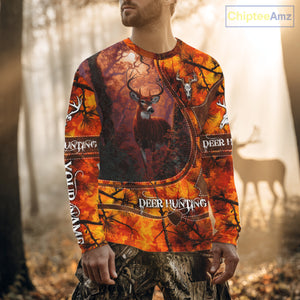 Whitetail Deer Hunting Shirt With Orange Camo Pattern And Skull Design For Hunters NHT77