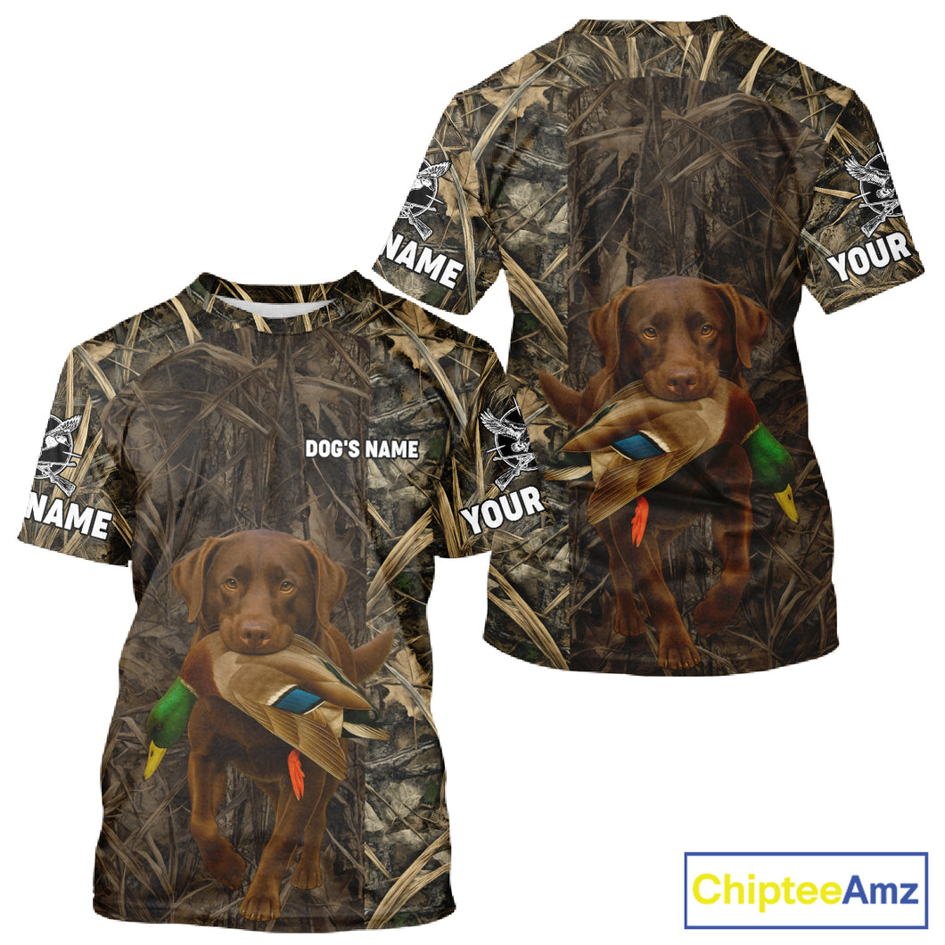 Personalized Mallard Duck Hunting Shirt with Chocolate Lab, Custom Dog’s Name Camouflage NHT264