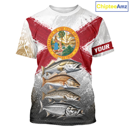 T-shirt with Florida state flag and fish design on a white background, featuring 'Chiptee Amz' branding.