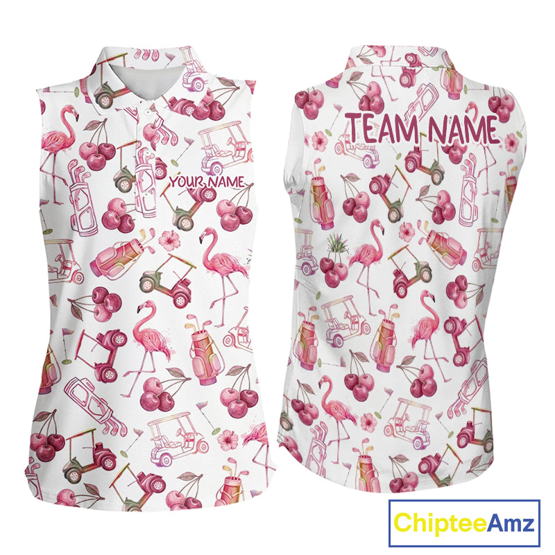 Funny Golf Polo Shirt For Womens Cherry Flamingo Sleeveless Womens Golf Cart Pattern Summer Sport Top NHT841
