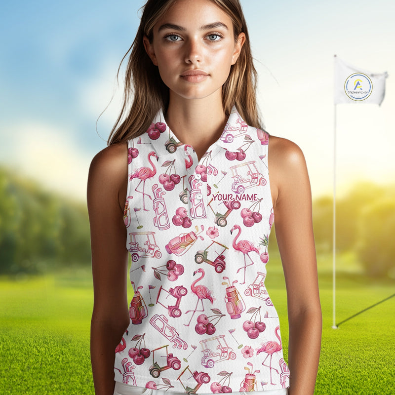 Funny Golf Polo Shirt For Womens Cherry Flamingo Sleeveless Womens Golf Cart Pattern Summer Sport Top NHT841