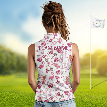 Funny Golf Polo Shirt For Womens Cherry Flamingo Sleeveless Womens Golf Cart Pattern Summer Sport Top NHT841