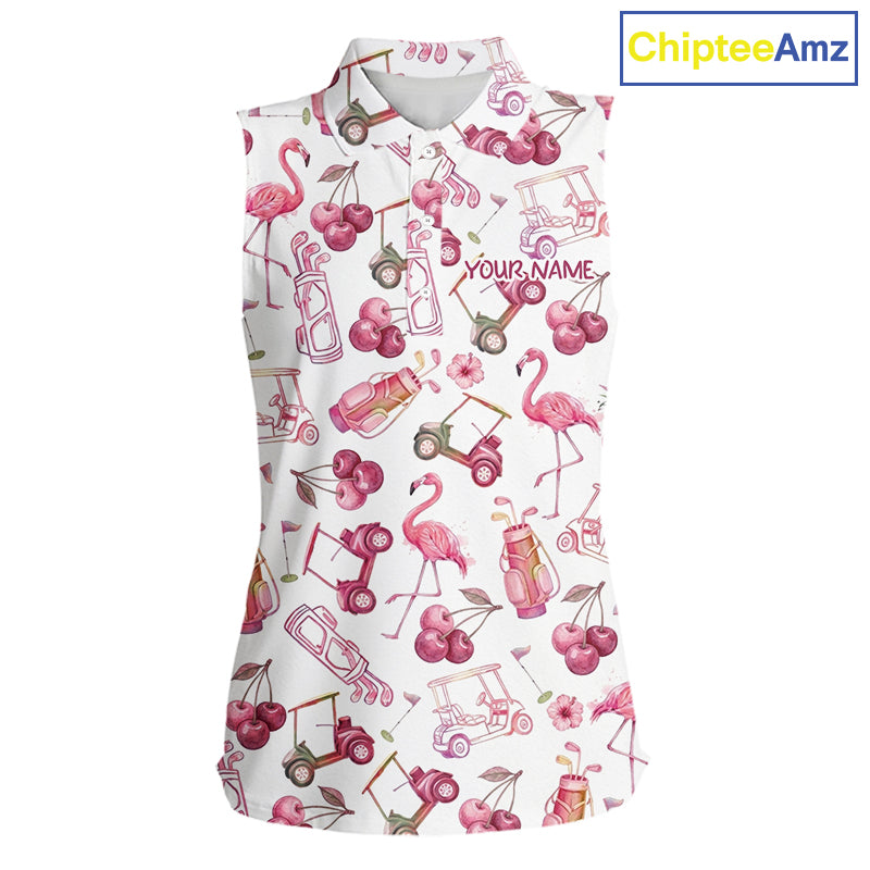 Funny Golf Polo Shirt For Womens Cherry Flamingo Sleeveless Womens Golf Cart Pattern Summer Sport Top NHT841