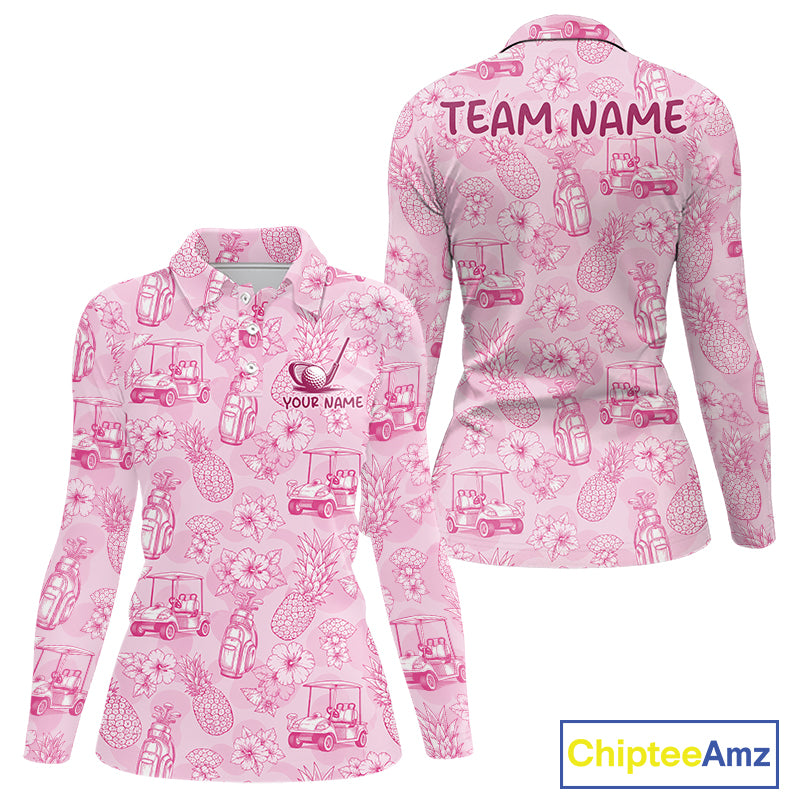 Funny Womens Golf Polo Shirt Pineapple Floral Golf Cart Pattern All Over Print Tropical Performance Top NHT842
