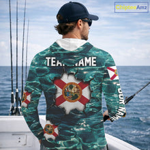 Load image into Gallery viewer, Florida Flag Fish Water Camo Custom Long Sleeve Hooded Fishing Shirts, Performance Fishing Shirts For Men NHT847