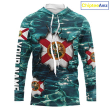 Load image into Gallery viewer, Florida Flag Fish Water Camo Custom Long Sleeve Hooded Fishing Shirts, Performance Fishing Shirts For Men NHT847