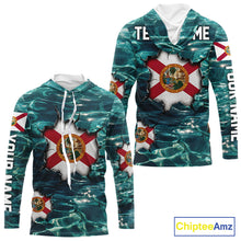 Load image into Gallery viewer, Florida Flag Fish Water Camo Custom Long Sleeve Hooded Fishing Shirts, Performance Fishing Shirts For Men NHT847