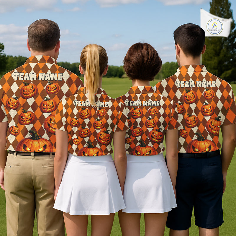 Personalized Halloween Pumpkin Men Golf Polo Shirt Custom Team Name Argyle Golf Shirt NHT1299