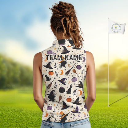 Vintage Witch Halloween Seamless Pattern Women Sleeveless Golf Polo, Spooky Cauldron Cat And Pumpkin Golf Top NHT1306