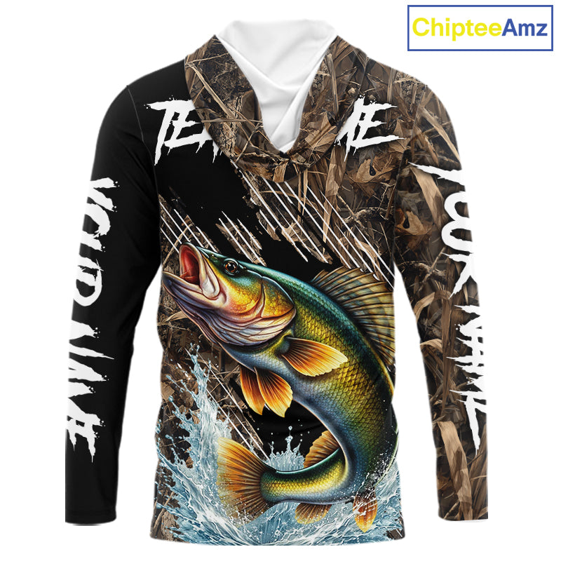 Walleye Fishing Shirts Long Sleeve Hooded Camouflage For Men, Walleye Fishing Apparel NHT434