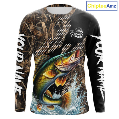 Walleye Fishing Shirts Long Sleeve Camouflage For Men, Walleye Fishing Apparel NHT434