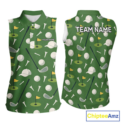 Green Golf Pattern Sleeveless Polo Golf Shirt For Womens Custom Golf Clothes, Best Golf Gifts NHT621
