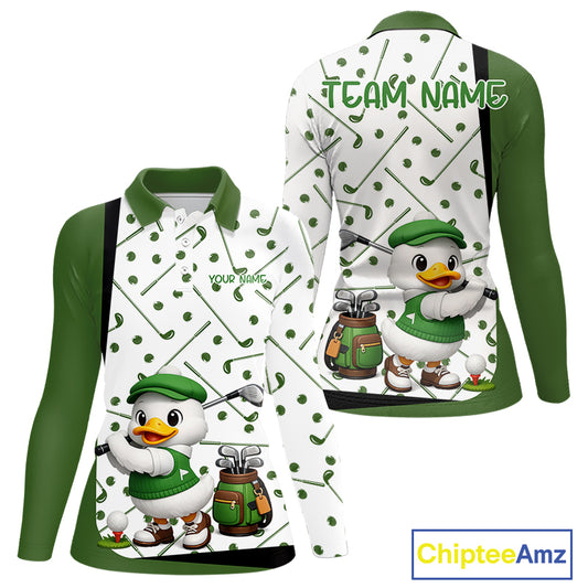 Custom Green & White Funny Duck Golf Shirt For Womens, Golf Jersey Pattern For Womens NHT625