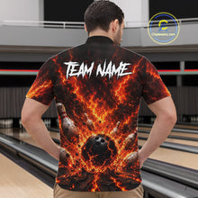 Load image into Gallery viewer, Man wearing a bowling-themed shirt with fiery design and 'TEAM NAME' text in a bowling alley.